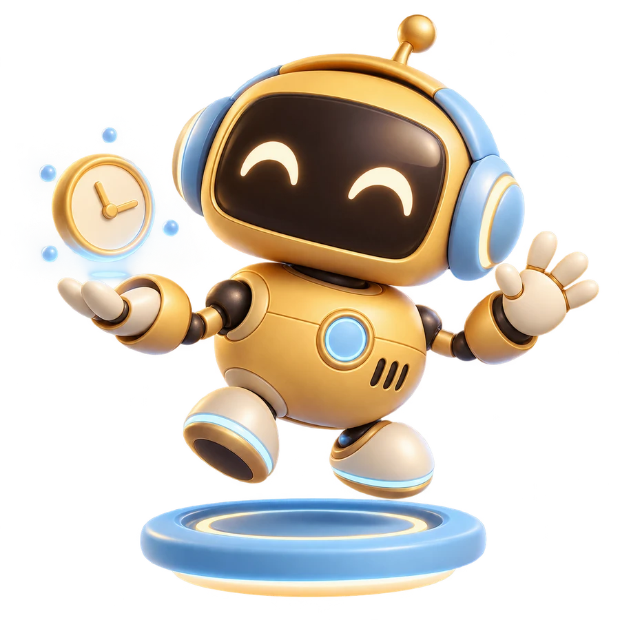 Priateľský zlatý robot s modrými slúchadlami ukazuje malé hodiny.